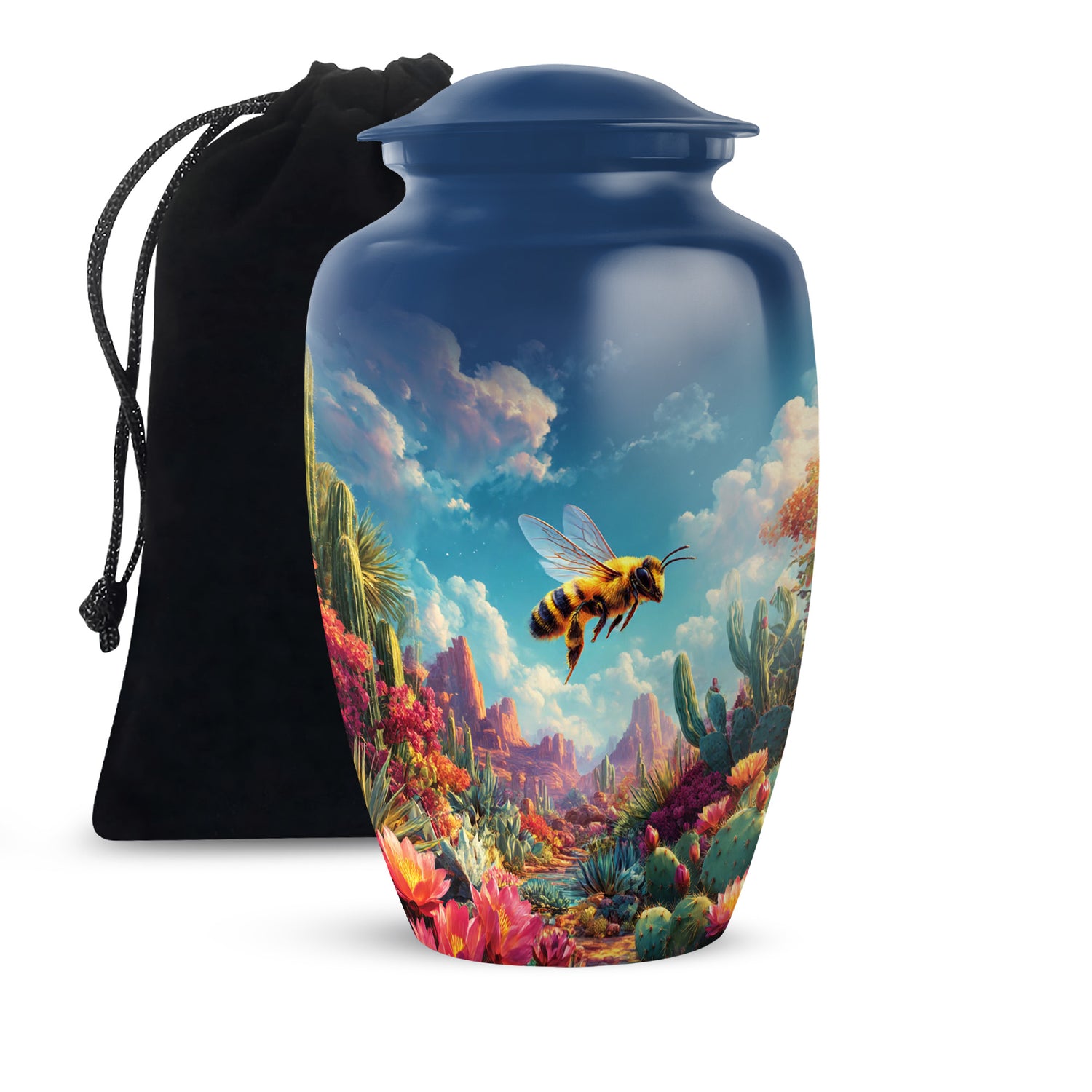 Vivid Blue Bee Cremation Urn angled view of lid and engraved motif - traditional bee engraving with hand-polished finish - full-size 10 inch 200 cubic inch adult cremation urn
