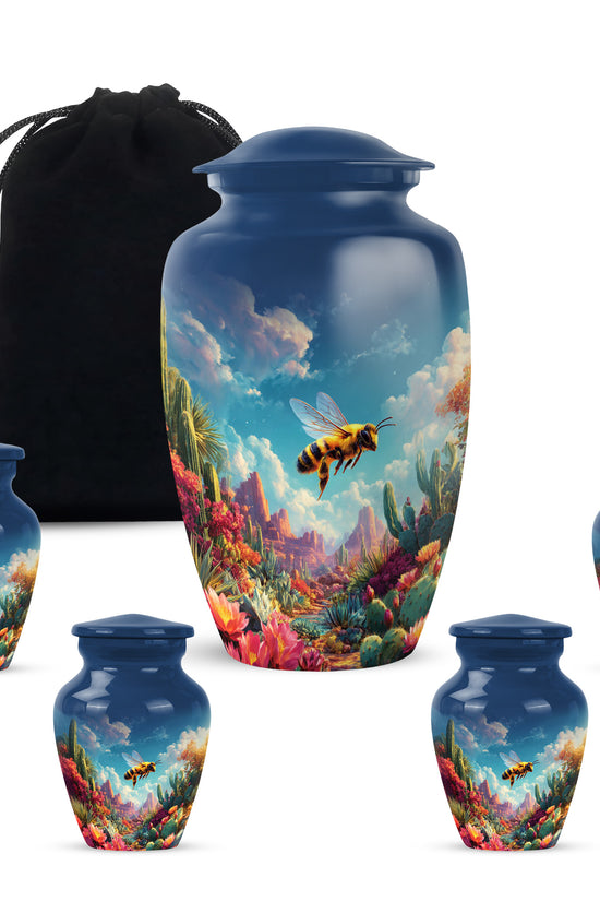 Cornflower Blue Bee Cremation Urn top-down view of secure threaded lid - traditional bee engraving with hand-polished finish - memorial set with one large and four small urns