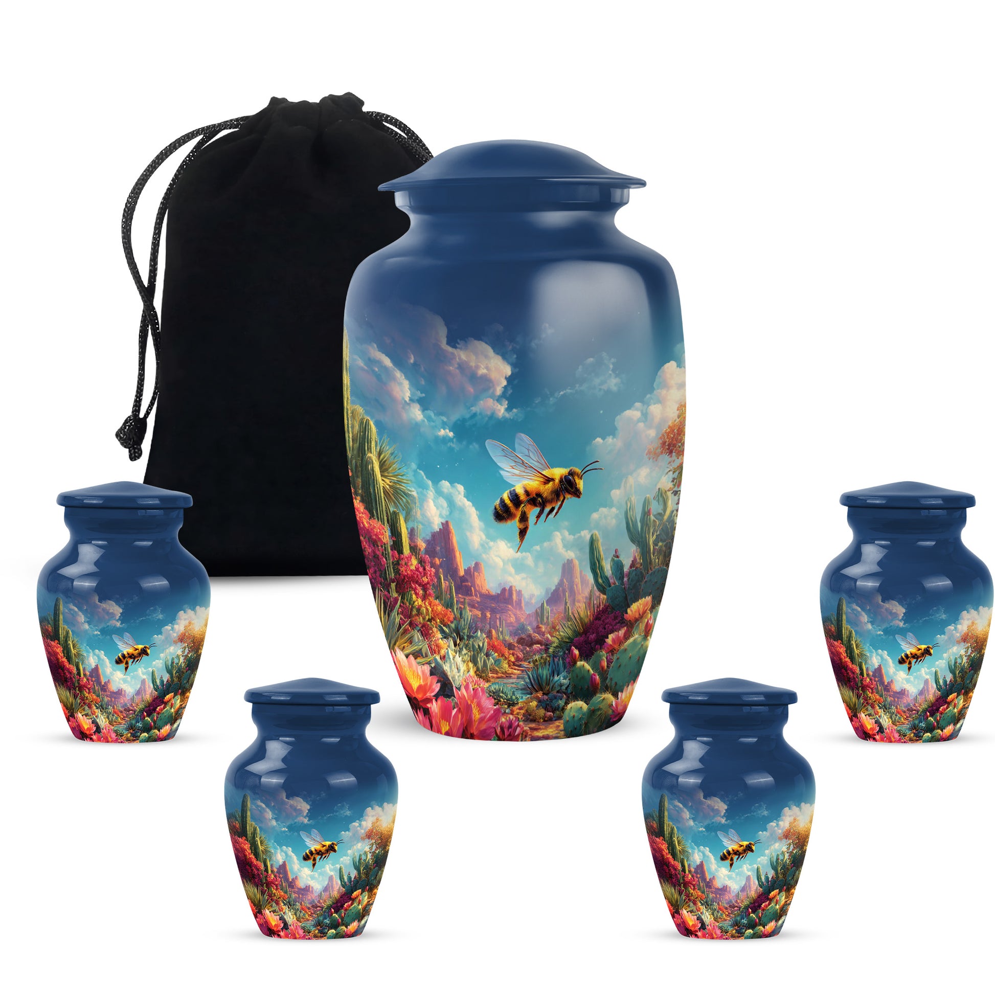 Cornflower Blue Bee Cremation Urn top-down view of secure threaded lid - traditional bee engraving with hand-polished finish - memorial set with one large and four small urns