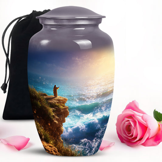 Jesus Ocean Cliff Urn - Heavenly Light Cremation Urn For Funeral Ashes