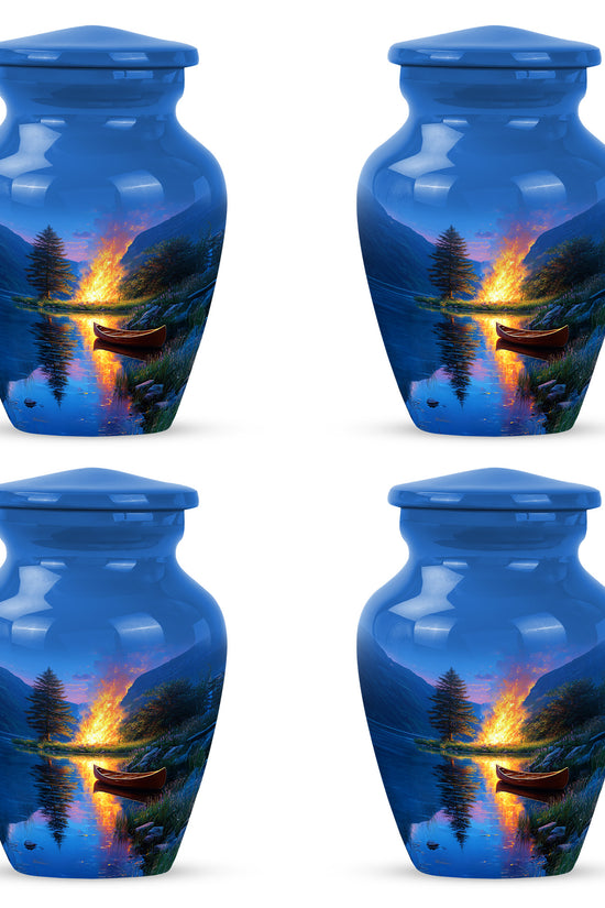 Azure Campfire Cremation Urn side profile showing urn shape - classic sculpted campfire pattern on smooth aluminum - 10 inch aluminum urn for cremated remains