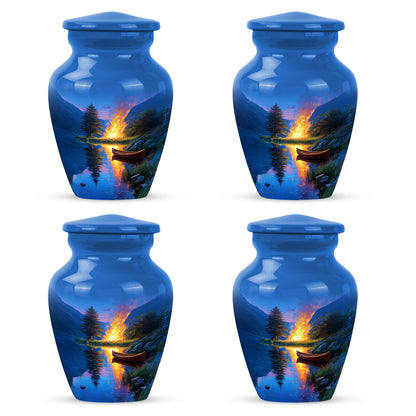 Azure Campfire Cremation Urn side profile showing urn shape - classic sculpted campfire pattern on smooth aluminum - 10 inch aluminum urn for cremated remains