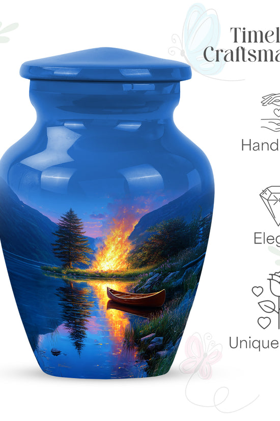 Steel Blue Campfire Cremation Urn close-up of engraving and surface detail - traditional campfire engraving with hand-polished finish - mini keepsake memorial for portion of cremation ashes