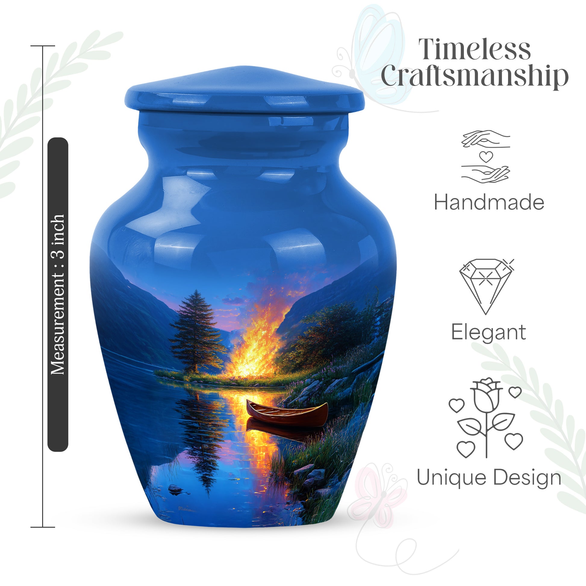 Steel Blue Campfire Cremation Urn close-up of engraving and surface detail - traditional campfire engraving with hand-polished finish - mini keepsake memorial for portion of cremation ashes