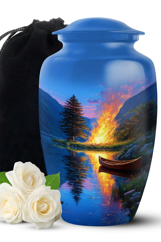 Azure Campfire Cremation Urn angled view of lid and engraved motif - timeless campfire motif etched into premium metal - full-size 10 inch 200 cubic inch adult cremation urn