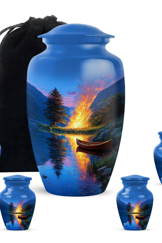 Steel Blue Campfire Cremation Urn top-down view of secure threaded lid - elegant classic campfire relief with fine detailing - memorial set with one large and four small urns