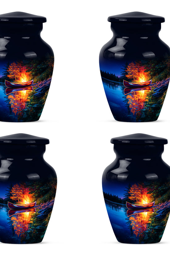 Misty Blue Campfire Cremation Urn side profile showing urn shape - classic sculpted campfire pattern on smooth aluminum - 10 inch aluminum urn for cremated remains