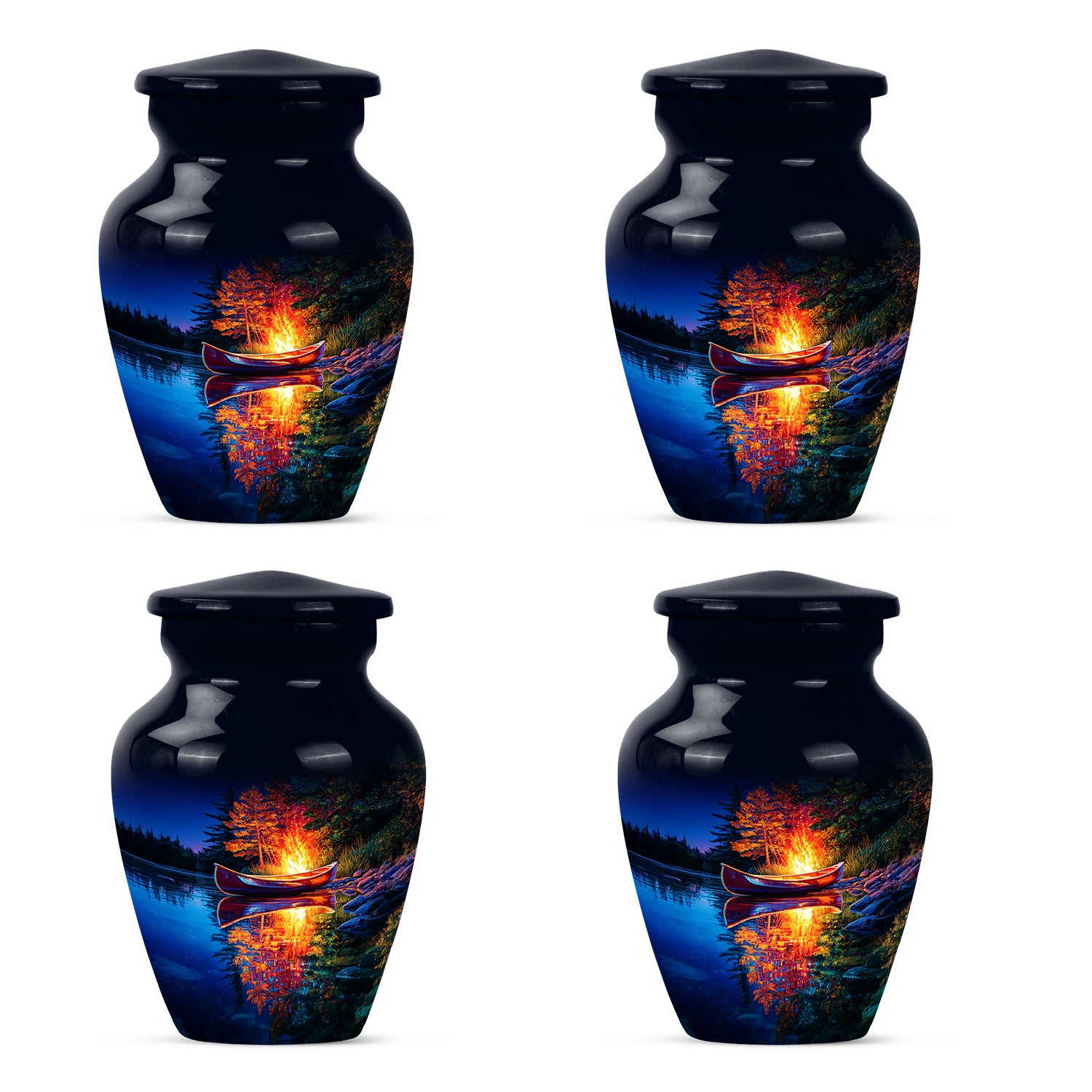Misty Blue Campfire Cremation Urn side profile showing urn shape - classic sculpted campfire pattern on smooth aluminum - 10 inch aluminum urn for cremated remains
