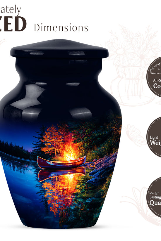 Calming Blue Campfire Cremation Urn close-up of engraving and surface detail - elegant classic campfire relief with fine detailing - mini keepsake memorial for portion of cremation ashes
