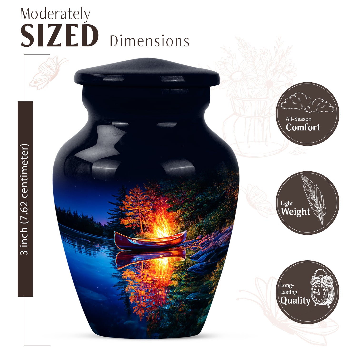 Calming Blue Campfire Cremation Urn close-up of engraving and surface detail - elegant classic campfire relief with fine detailing - mini keepsake memorial for portion of cremation ashes