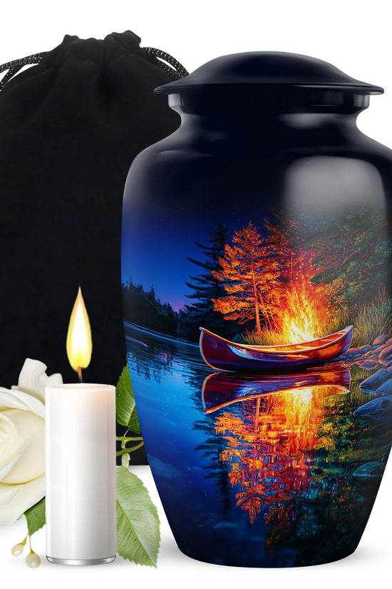 Sapphire Blue Campfire Cremation Urn angled view of lid and engraved motif - elegant classic campfire relief with fine detailing - full-size 10 inch 200 cubic inch adult cremation urn