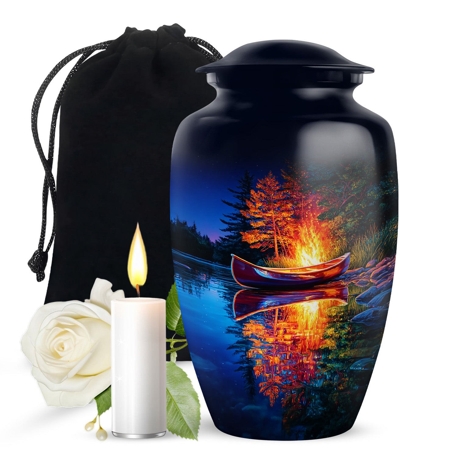 Sapphire Blue Campfire Cremation Urn angled view of lid and engraved motif - elegant classic campfire relief with fine detailing - full-size 10 inch 200 cubic inch adult cremation urn