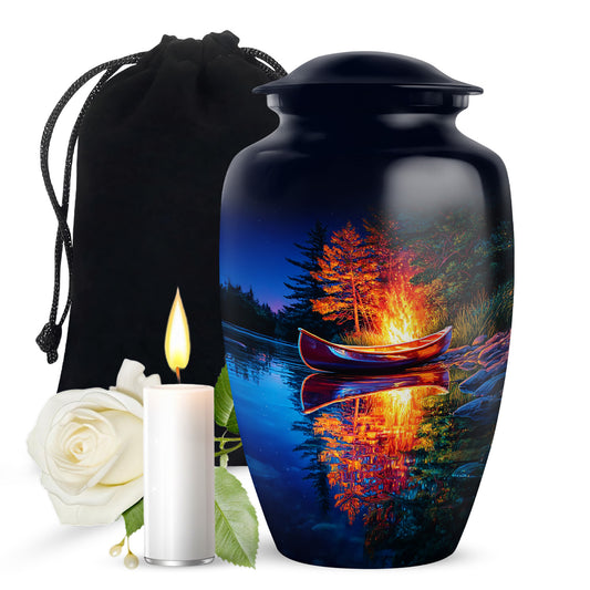 Sapphire Blue Campfire Cremation Urn angled view of lid and engraved motif - elegant classic campfire relief with fine detailing - full-size 10 inch 200 cubic inch adult cremation urn