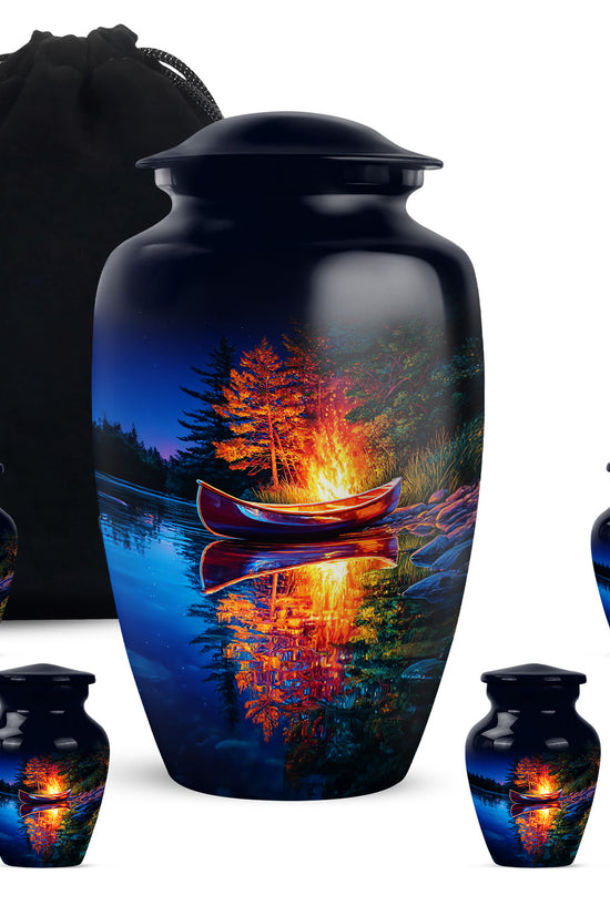 Sapphire Blue Campfire Cremation Urn top-down view of secure threaded lid - elegant classic campfire relief with fine detailing - memorial set with one large and four small urns