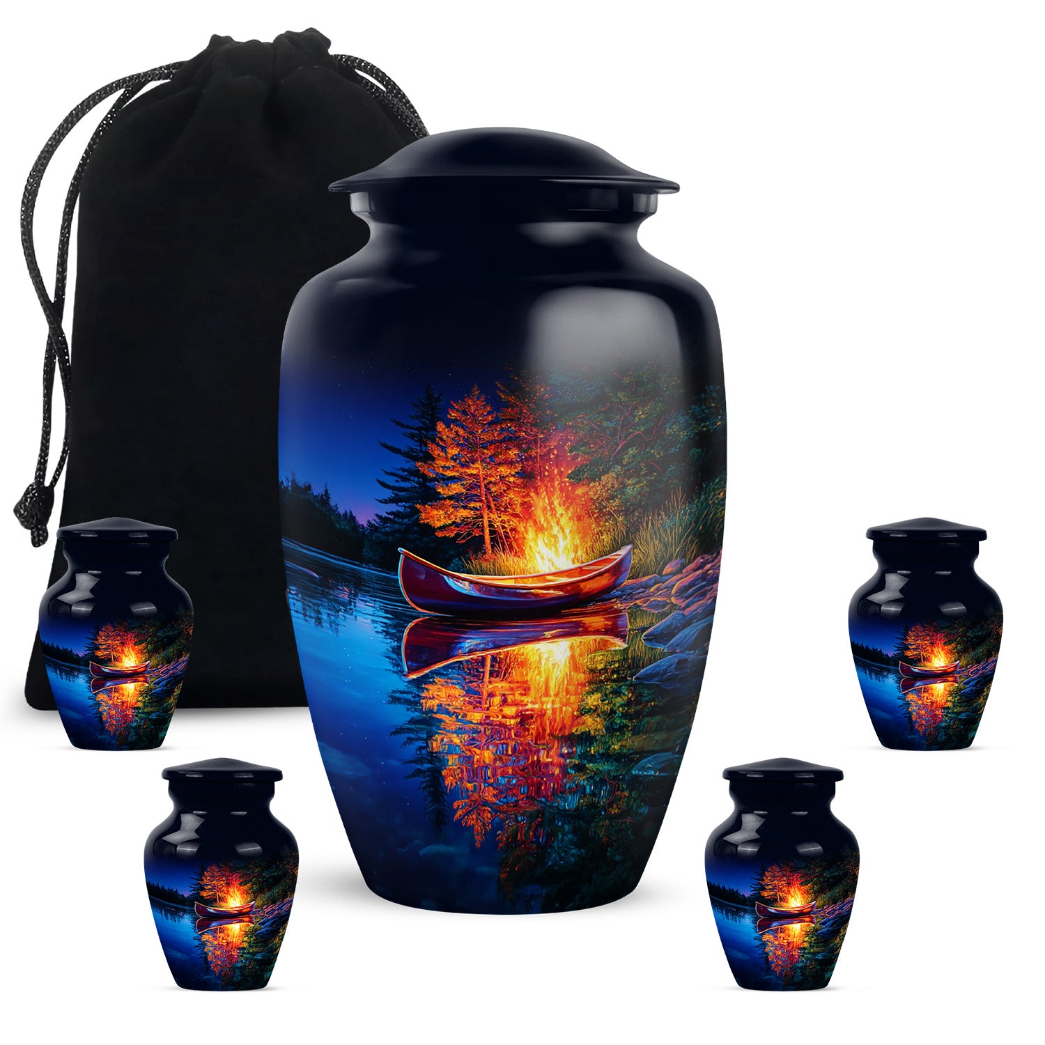 Sapphire Blue Campfire Cremation Urn top-down view of secure threaded lid - elegant classic campfire relief with fine detailing - memorial set with one large and four small urns