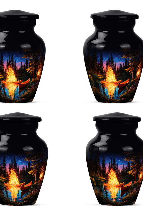 Jet Black Campfire Cremation Urn side profile showing urn shape - classic sculpted campfire pattern on smooth aluminum - 10 inch aluminum urn for cremated remains