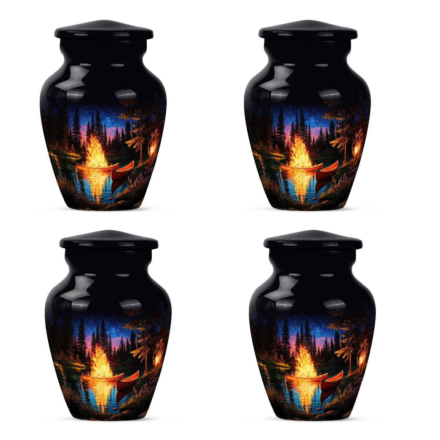 Jet Black Campfire Cremation Urn side profile showing urn shape - classic sculpted campfire pattern on smooth aluminum - 10 inch aluminum urn for cremated remains