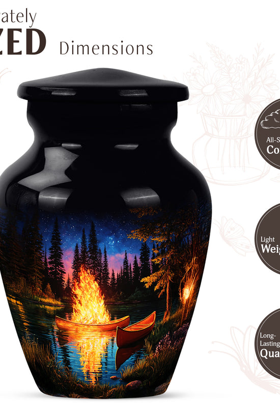 Ebony Campfire Cremation Urn close-up of engraving and surface detail - timeless campfire motif etched into premium metal - mini keepsake memorial for portion of cremation ashes