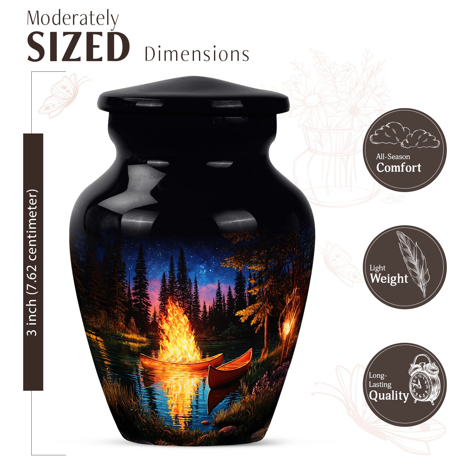 Ebony Campfire Cremation Urn close-up of engraving and surface detail - timeless campfire motif etched into premium metal - mini keepsake memorial for portion of cremation ashes