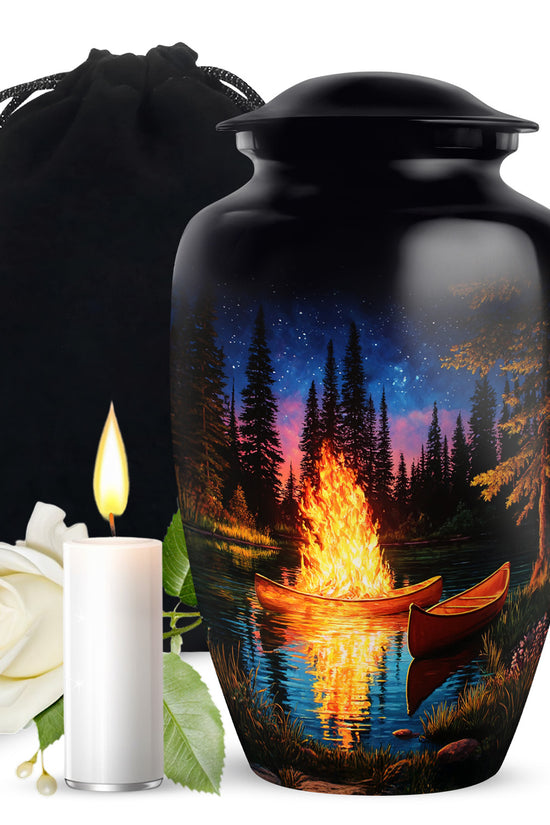 Deep Black Campfire Cremation Urn angled view of lid and engraved motif - classic sculpted campfire pattern on smooth aluminum - full-size 10 inch 200 cubic inch adult cremation urn