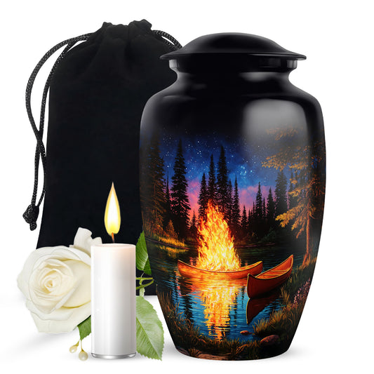 Deep Black Campfire Cremation Urn angled view of lid and engraved motif - classic sculpted campfire pattern on smooth aluminum - full-size 10 inch 200 cubic inch adult cremation urn