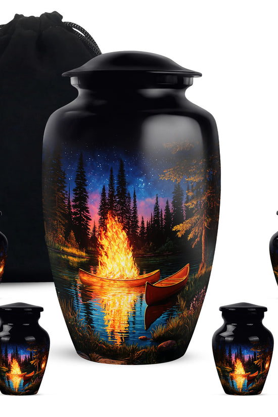 Glossy Black Campfire Cremation Urn top-down view of secure threaded lid - classic sculpted campfire pattern on smooth aluminum - memorial set with one large and four small urns