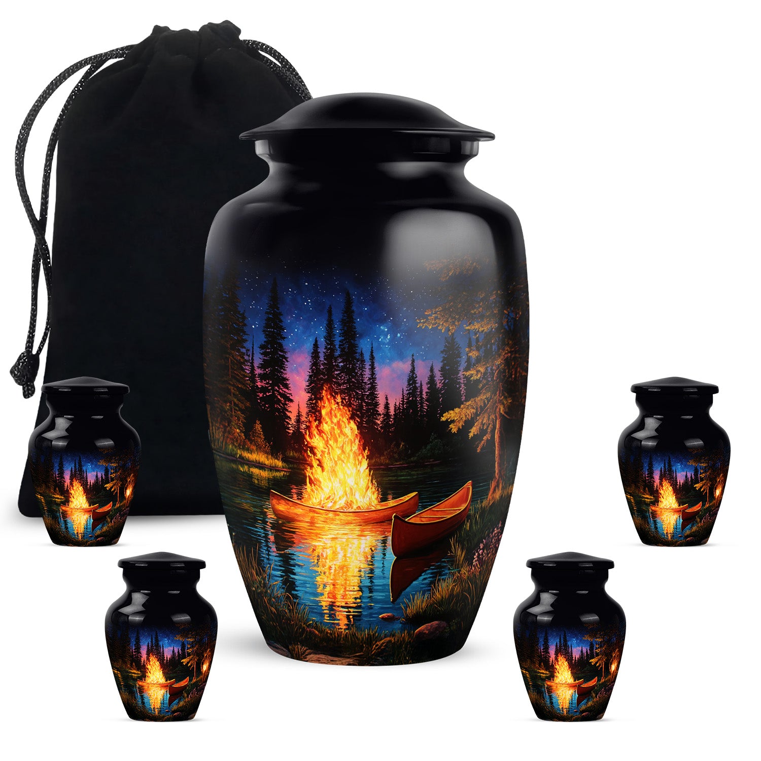 Glossy Black Campfire Cremation Urn top-down view of secure threaded lid - classic sculpted campfire pattern on smooth aluminum - memorial set with one large and four small urns