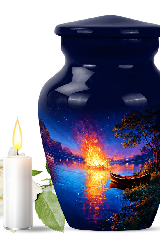 Personalized Blue Steadfast Campfire Cremation Urns for Human Ashes - 10-inch, 200 cu in - Karyliz