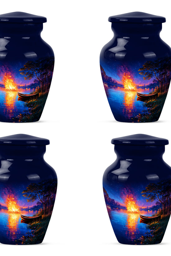 Icy Blue Campfire Cremation Urn side profile showing urn shape - classic sculpted campfire pattern on smooth aluminum - 10 inch aluminum urn for cremated remains