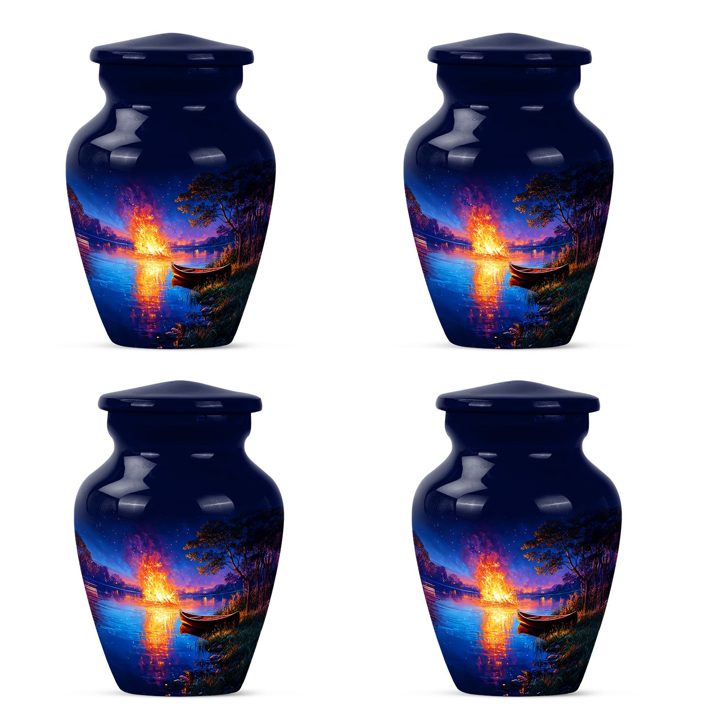 Icy Blue Campfire Cremation Urn side profile showing urn shape - classic sculpted campfire pattern on smooth aluminum - 10 inch aluminum urn for cremated remains