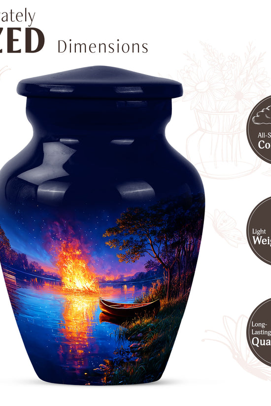 Royal Blue Campfire Cremation Urn close-up of engraving and surface detail - elegant classic campfire relief with fine detailing - mini keepsake memorial for portion of cremation ashes