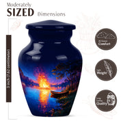Royal Blue Campfire Cremation Urn close-up of engraving and surface detail - elegant classic campfire relief with fine detailing - mini keepsake memorial for portion of cremation ashes