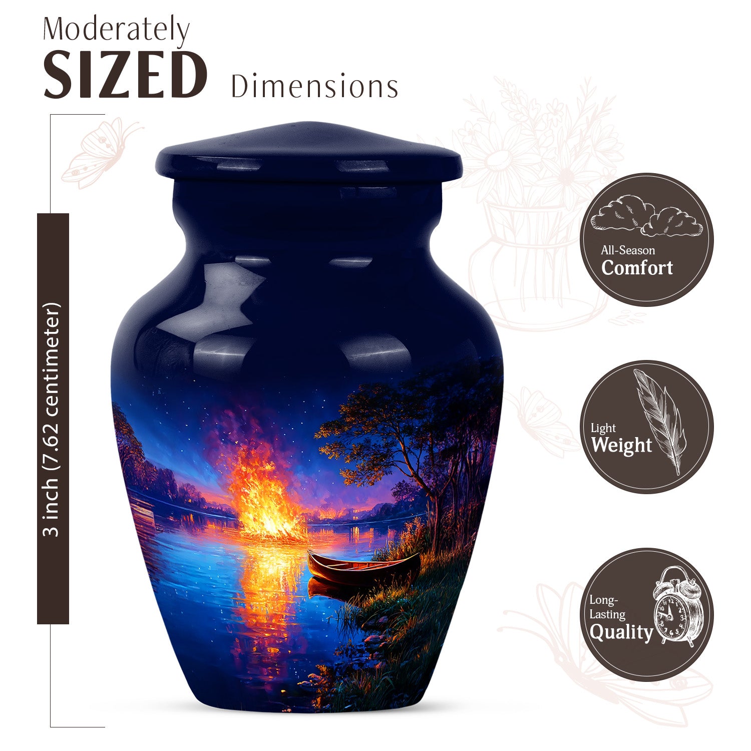 Royal Blue Campfire Cremation Urn close-up of engraving and surface detail - elegant classic campfire relief with fine detailing - mini keepsake memorial for portion of cremation ashes