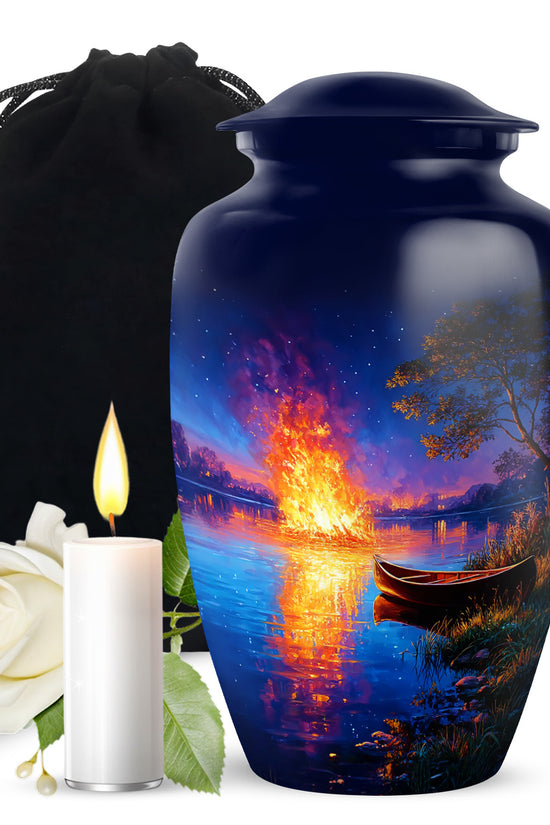 Steel Blue Campfire Cremation Urn angled view of lid and engraved motif - elegant classic campfire relief with fine detailing - full-size 10 inch 200 cubic inch adult cremation urn