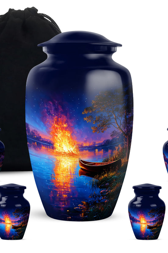 Steel Blue Campfire Cremation Urn top-down view of secure threaded lid - traditional campfire engraving with hand-polished finish - memorial set with one large and four small urns