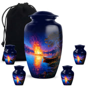 Steel Blue Campfire Cremation Urn top-down view of secure threaded lid - traditional campfire engraving with hand-polished finish - memorial set with one large and four small urns