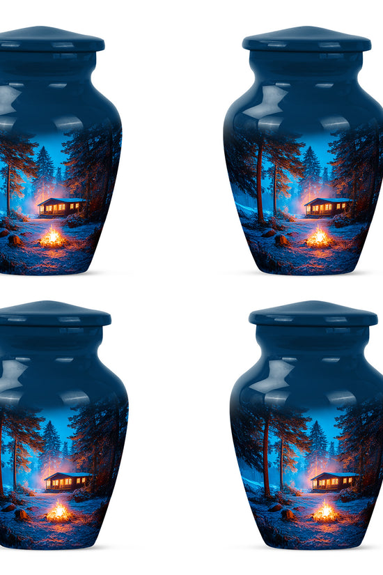 Icy Blue Campfire Cremation Urn side profile showing urn shape - classic sculpted campfire pattern on smooth aluminum - 10 inch aluminum urn for cremated remains