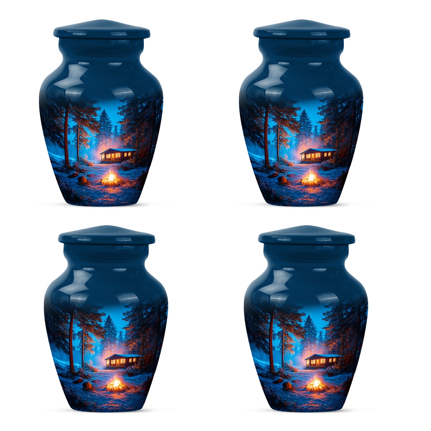 Icy Blue Campfire Cremation Urn side profile showing urn shape - classic sculpted campfire pattern on smooth aluminum - 10 inch aluminum urn for cremated remains