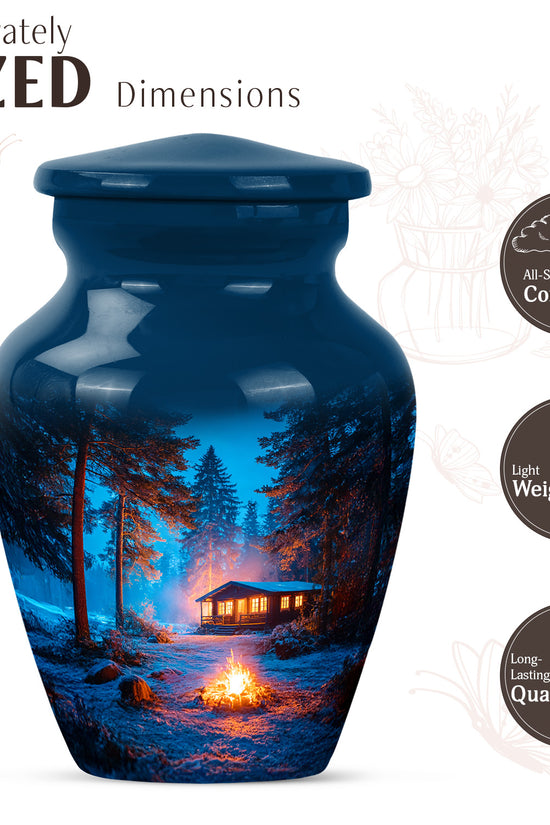 Steel Blue Campfire Cremation Urn close-up of engraving and surface detail - traditional campfire engraving with hand-polished finish - mini keepsake memorial for portion of cremation ashes