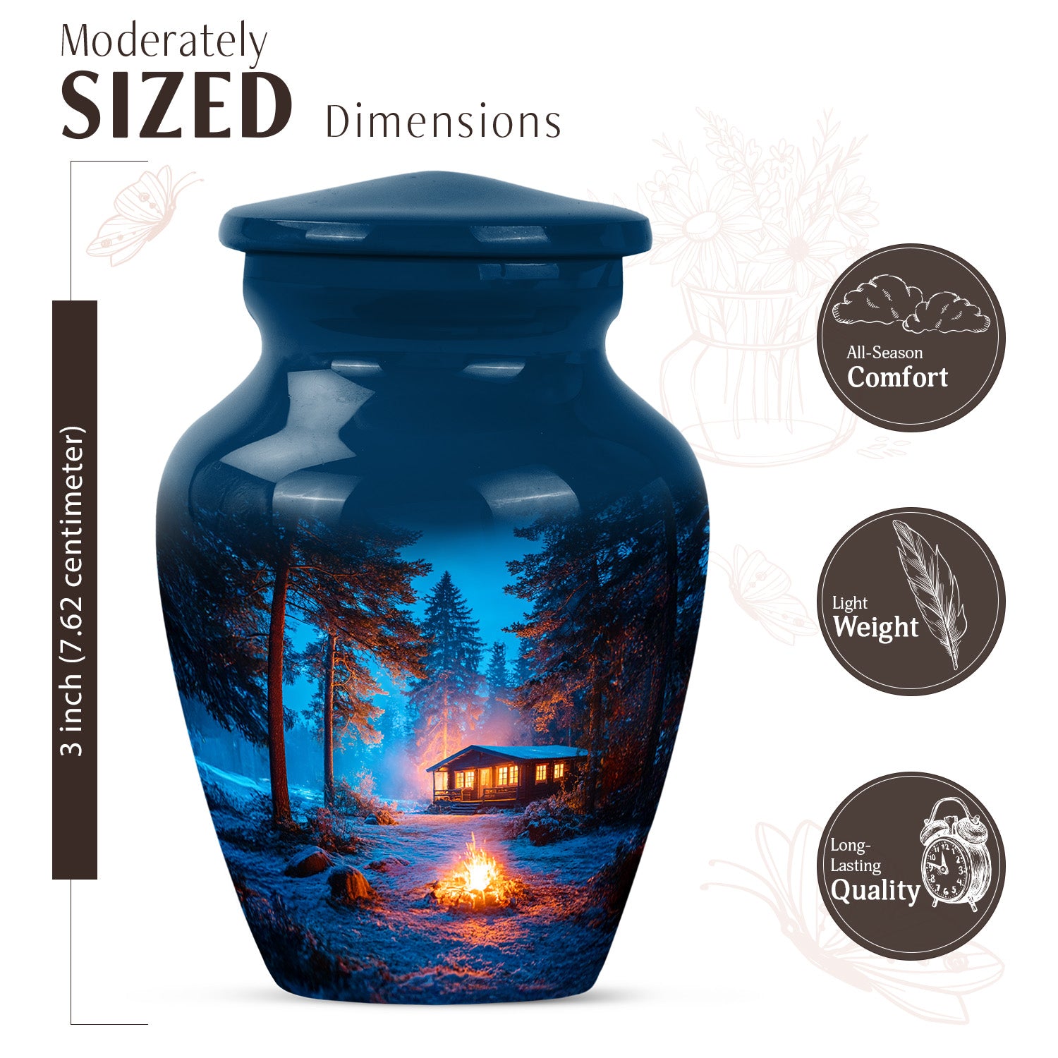 Steel Blue Campfire Cremation Urn close-up of engraving and surface detail - traditional campfire engraving with hand-polished finish - mini keepsake memorial for portion of cremation ashes