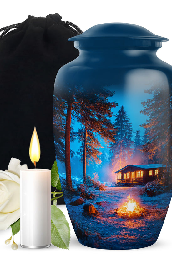 Calming Blue Campfire Cremation Urn angled view of lid and engraved motif - elegant classic campfire relief with fine detailing - full-size 10 inch 200 cubic inch adult cremation urn