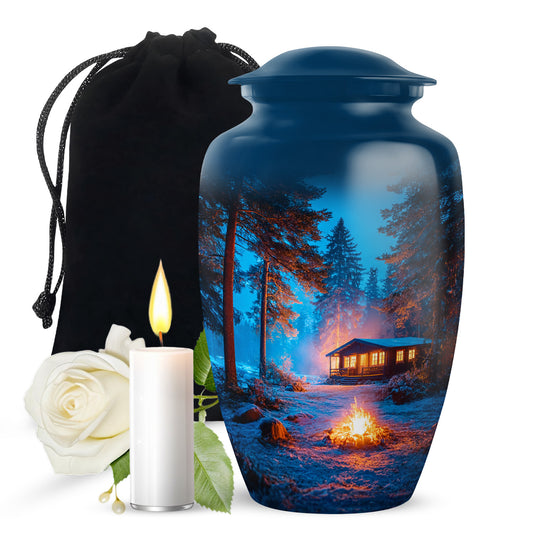 Calming Blue Campfire Cremation Urn angled view of lid and engraved motif - elegant classic campfire relief with fine detailing - full-size 10 inch 200 cubic inch adult cremation urn
