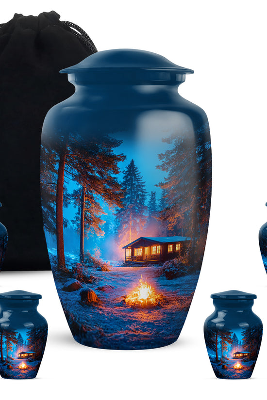 Pastel Blue Campfire Cremation Urn top-down view of secure threaded lid - classic sculpted campfire pattern on smooth aluminum - memorial set with one large and four small urns