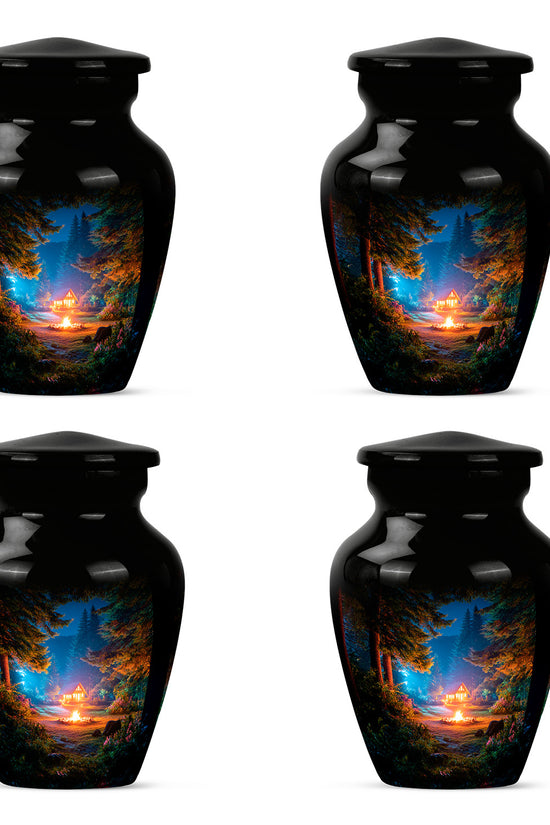 Glossy Black Campfire Cremation Urn side profile showing urn shape - classic sculpted campfire pattern on smooth aluminum - 10 inch aluminum urn for cremated remains