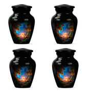 Glossy Black Campfire Cremation Urn side profile showing urn shape - classic sculpted campfire pattern on smooth aluminum - 10 inch aluminum urn for cremated remains