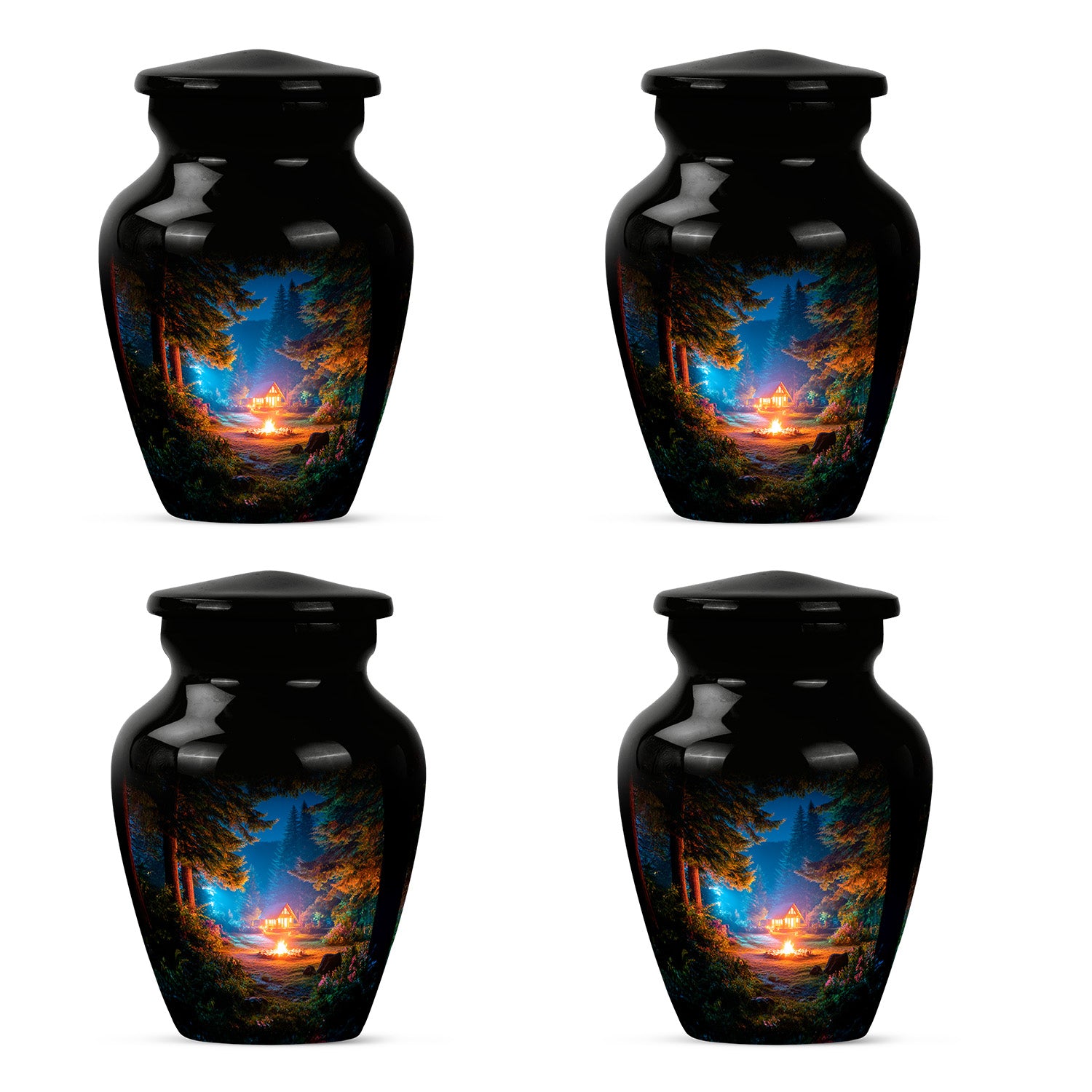 Glossy Black Campfire Cremation Urn side profile showing urn shape - classic sculpted campfire pattern on smooth aluminum - 10 inch aluminum urn for cremated remains
