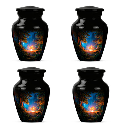 Glossy Black Campfire Cremation Urn side profile showing urn shape - classic sculpted campfire pattern on smooth aluminum - 10 inch aluminum urn for cremated remains