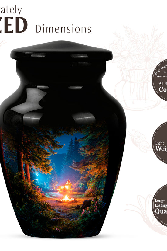 Obsidian Black Campfire Cremation Urn close-up of engraving and surface detail - traditional campfire engraving with hand-polished finish - mini keepsake memorial for portion of cremation ashes
