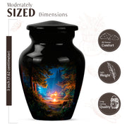 Obsidian Black Campfire Cremation Urn close-up of engraving and surface detail - traditional campfire engraving with hand-polished finish - mini keepsake memorial for portion of cremation ashes
