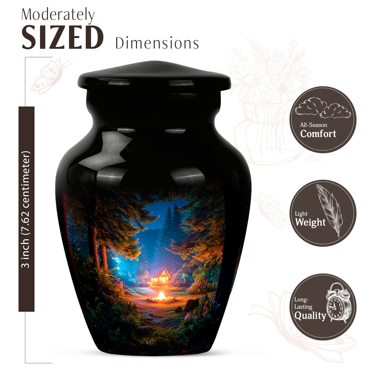 Obsidian Black Campfire Cremation Urn close-up of engraving and surface detail - traditional campfire engraving with hand-polished finish - mini keepsake memorial for portion of cremation ashes
